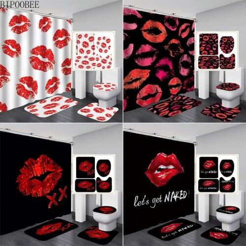Red Lips Bathroom Curtain Set Sexy Lip Black Bath Mat Non-Slip Pedestal Rug Toilet Cover Modern Shower Curtains with 12 Hooks