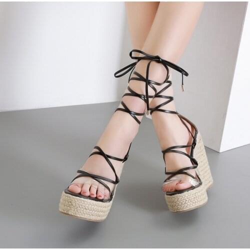 Women Sandals Platform Shoes Summer Sexy Roman Sandals Cross Straps Round Head Sandals Pump Party Wedding Ladies Large Size 42