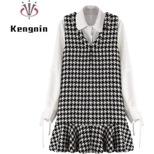 Loose Oversized 4XL Women Suits 2021 Autumn Plaid Sleeveless Tank Dress + Puff Sleeve White Shirts Ladies Two Piece Sets KE1691