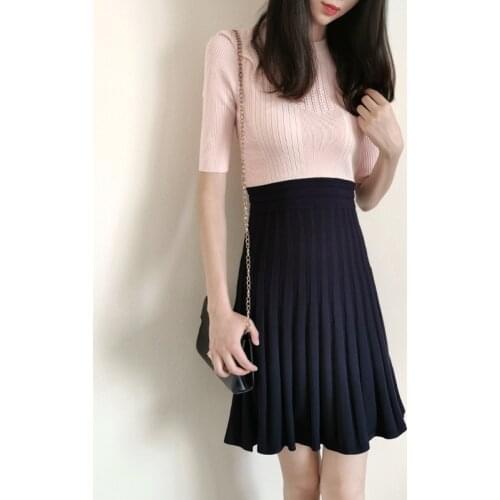 2021 New Spring Collections Pink Colorblock Navy Blue Pleated Knitted Skater Elegant Dress England Style