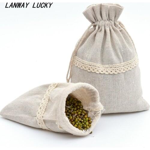 10pcs Vintage Drawstring Jewelry Pouch Lace Linen Cotton Gift Candy Bags Wedding Party Favor Jewelry Wrap Bag Wedding Decoration