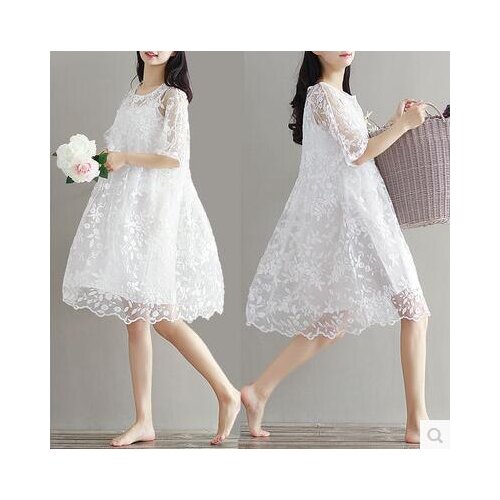 9077 2017 maternity clothing summer twinset lace maternity one-piece dress white embroidery maternity dress For Pregnant