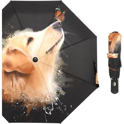Watercolor Golden Retriever Dog With Butterfly Umbrella Three Folding Big Umbrella Rain Women Automatic Windproof Umbrella Men