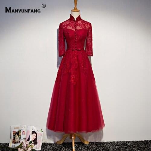 Real Photo High Neck Embroidery Appliques Tulle Diamond Bridal Ball Gown Elegant Three Quarter Sleeve Mid-Calf Wedding Dress