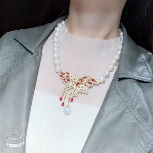 Hand knotted 10-11mm white freshwater cultured pearl micro inlay zircon accessories pendant sweater necklace long 45cm