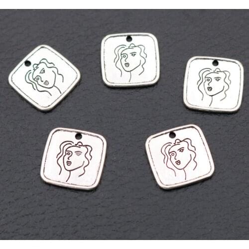 Double-sided Beauty Girl Tags Metal Pendant Fashion Bracelet Earrings DIY Jewelry Charm Handmade Accessories 16*16mm A2136 15pcs