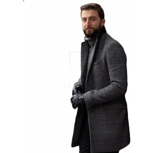 Winter Plaid Gray Woolen Overcoat Warm Mens Singal Breasted Thick Loose Mid-Length Casual Trench Coat Male Jacket