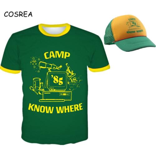 Stranger Things T Shirt Dustin Cosplay Costume Short Sleeve T-shirt Baseball Hat "Camp Know Where" Green Yellow Cap