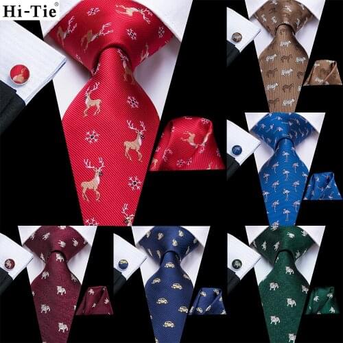 Hi-Tie Red Blue Animal Cartoon Design Silk Wedding Nicktie For Men Hanky Cufflink Gift Mens Tie Set Business Party Dropshipping