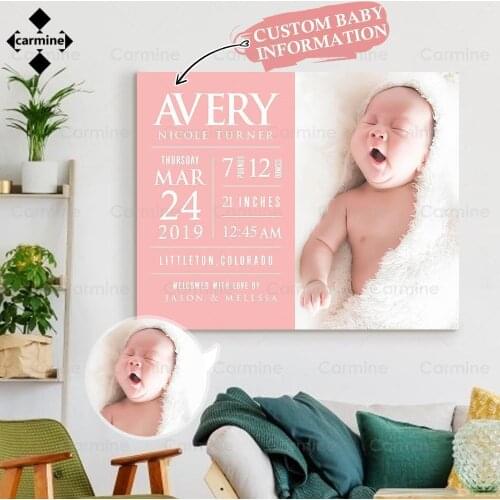 Custom Painting Newborn Baby Customized Picture Personalized Baby Information Poster and Print Unique Gift for Kids Family Decor