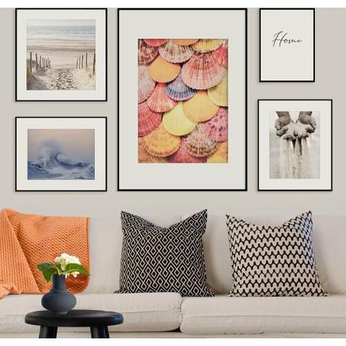 Canvas Painting Seascape Poster Beach Sand Hands Path Colorful Scalloop Poster Nordic Style Print Wall Picture for Living Room