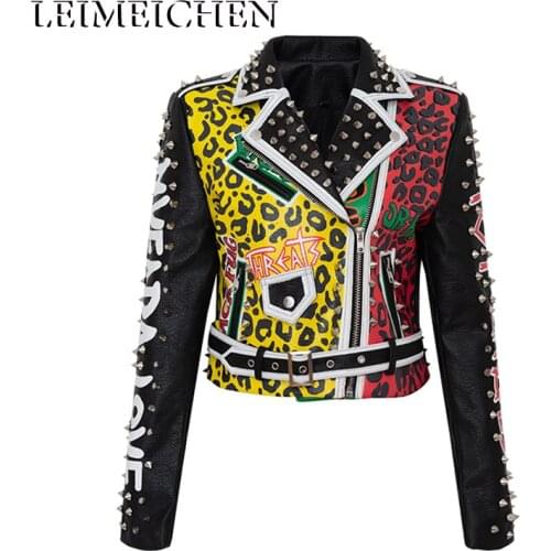 LEIMEICHEN S—3XL PU Leather Jacket Women Leopard Print Graffiti Rivets Coats Punk Biker Motorcycle Black Tops MT-26902