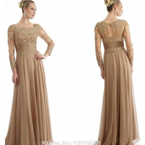 M155 Beaded Lace Appliqued Chiffon Elegant Long Sleeves Mother of the Bride/Groom Dress Outfit 2018 Champagne Color
