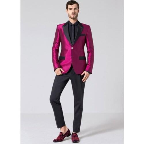 Fashionable Two Buttons Shiny Fuchsia Groom Tuxedos Groomsmen Peak Lapel Mens Suits Blazers (Jacket+Pants+Tie) W:940