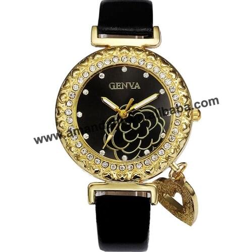 Fashion Flower Rhinestone Heart Pendant Watches Women Quartz Watch Leather Fashion Lady Dress Bracelet Wristwath