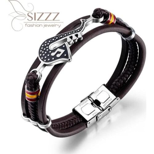 SIZZZ 2019 Creative mens stainless steel retro music leather classical instruments bracelet&bangles