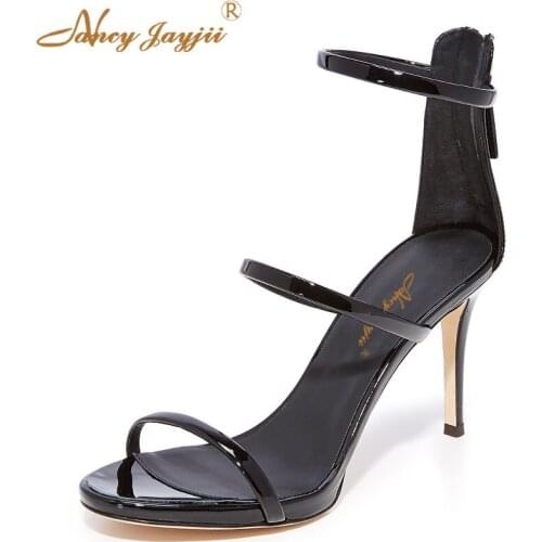 Nancyjayjii Women shoes lady sandals Paten Leather Black Solid Super High thin heels Zipper Ankle-Wrap Casual Classics Sexy 2019