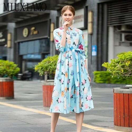 MIUXIMAO 2020 Top Quality Newest Spring Fashion Slim Half Sleeve Flower Print Elegant Dress Women With Sashes