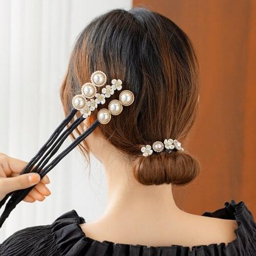 New 1PCS Elegant Pearl Flower Hair Rope Women Wild Retro Girls Hair Stick Headwear Lazy Hair Accessories Headdress
