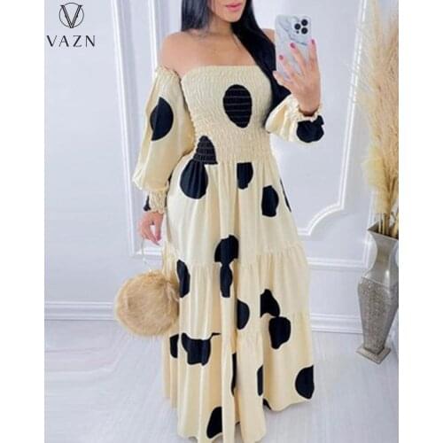 VAZN 2021 Hot Popular Dot High-end Plus Size Chiffon Fashion Sexy Young Full Sleeve High Waist Women A-line Maxi Dress
