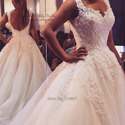 Vestido de Noiva Luxury Puffy Ball Gown Wedding Dresses Lace Bride Dress 2017 Backless Wedding Gowns Pearls Sequined Brautkleid