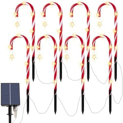 Christmas Solar Candy Cane Stars Light Outdoor Pathway Driveway Markers Decoration Set of 8 Red and White Xmas Home Indoor Decor