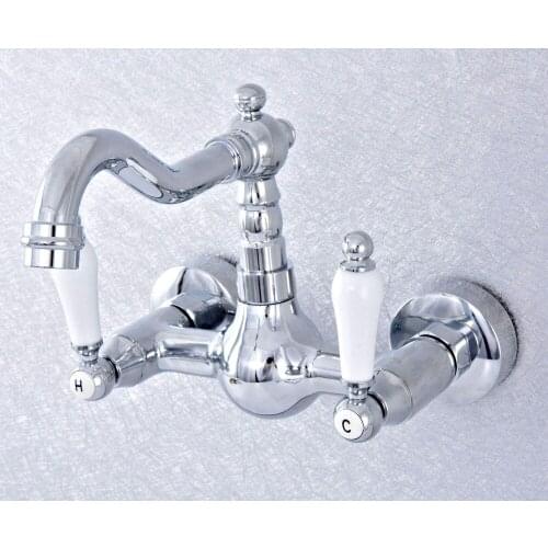 Silver Polished Chrome Brass Wall Mounted Double Ceramic Handles Bathroom Kitchen Sink Faucet Mixer Tap Swivel Spout asf544