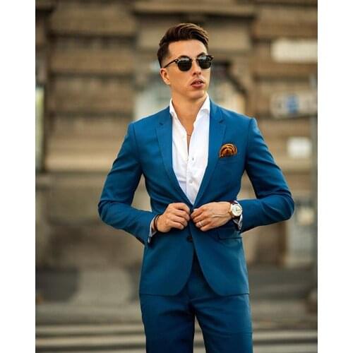 2020 Latest Design Blue Notched Lapel Mens Suits 2 Piece (Jackett+Pants) Traje Hombre Office Business Wedding Prom Suit Slim Fit