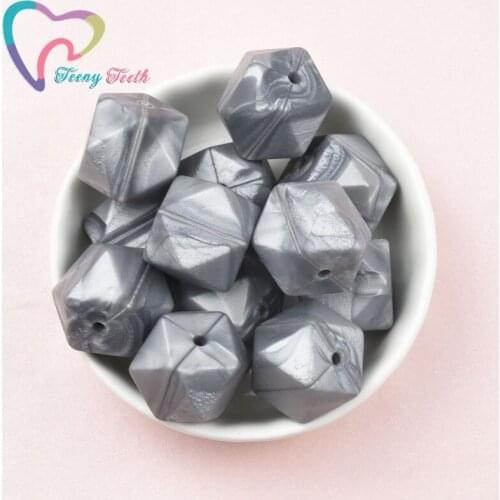 Teeny Teeth 10 PCS Metallic Silver 14-17 MM Silicone Geometric/Hexagon Loose Beads Baby Nursing DIY Teething Necklace Beads