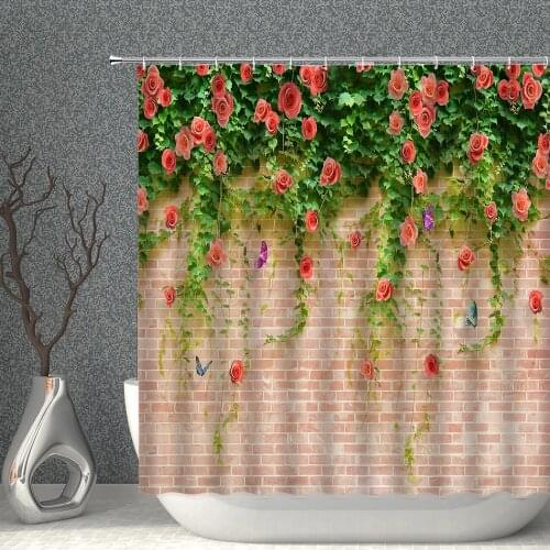 Wooden Green Plants Background Flowers Butterflies Shower Curtain Set Waterproof Polyester Fabric Bath Curtains With Hooks