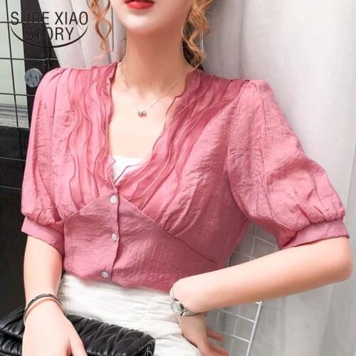 2020 Summer New Korean Style All-match Elegant V-neck Chiffon Shirt Fashion Style Slim Short Sleeve Blouse White Tops Women 9810