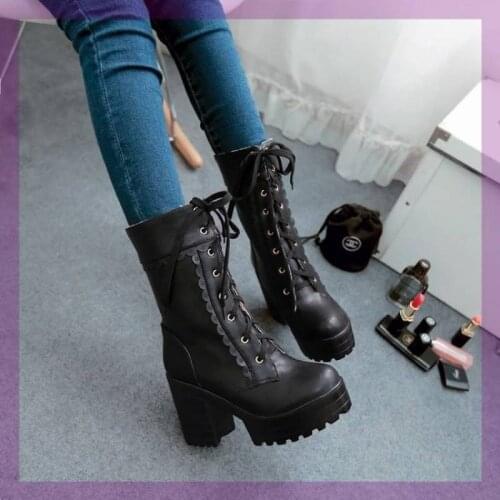 Winter Gothic Punk Womens Platform Boots Black Lace-up Creepers High Heels Shoes Mid Calf Military Combat Boots