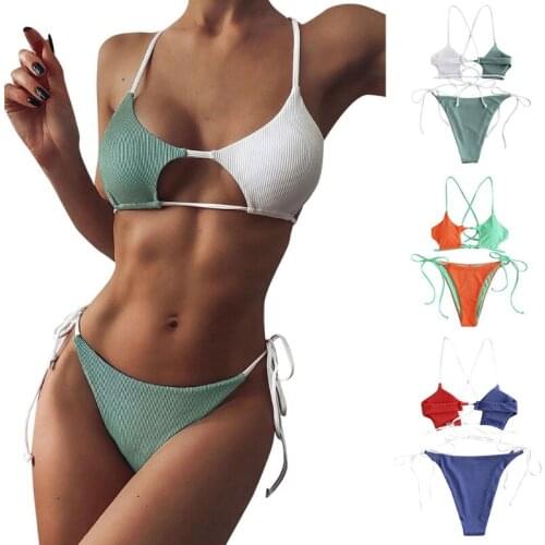 Womens Sexy Thong Bottom Two Piece Bikini Double Shoulder Straps Cute Swimsuit Triangle Bathing Suit Summer Spa Beach