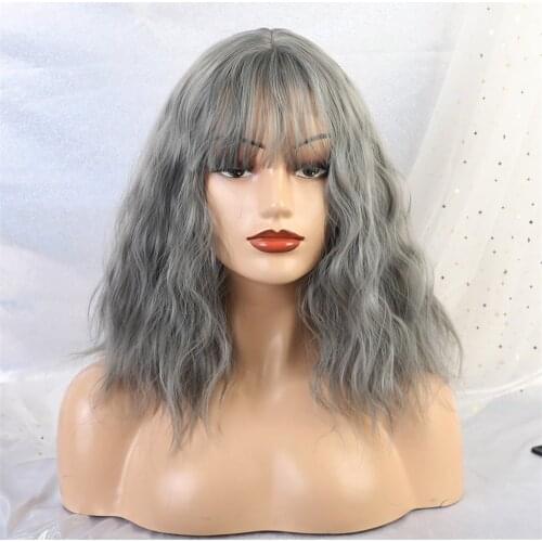 14'' Women Lady Medium Length Wavy Wig W/ Neat Bangs for Cosplay Grey White