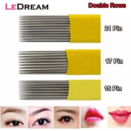 5pcs/lot Yellow Disposable Flat 15 17 21 Pin Double Rows Tattoo Manual Needles Blade Needles For Permanent Eyebrow Makeup