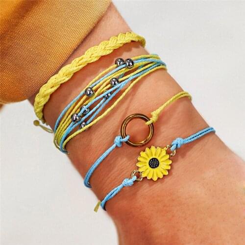 Hot Sale Sunflower Wax Cotton Bracelet Set For Women Charm Handmade Small Daisy Rope Bracelet Friendship