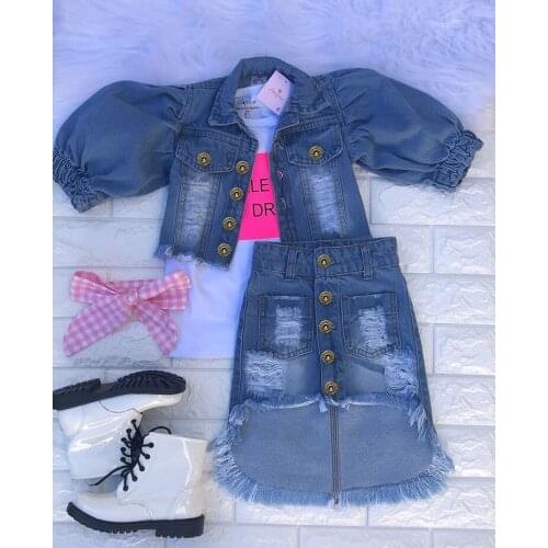 FOCUSNORM 1-6Y Fashion Infant Baby Girls Clothes Sets Denim Blue Long Puff Sleeve Single Breasted Jacket Tops+Pencil Skirts 2pcs