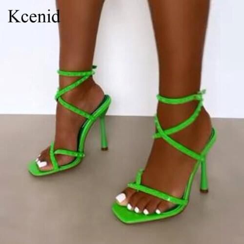 Kcenid Elegant Ladies Party Dress Shoes Summer Sandals Fashion Rivets Clip Toe Women Thin High Heels Sexy Pumps Red Green White