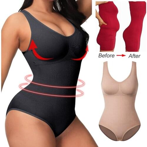 Women Waist Trainer Bodysuit Slim Full Body Shaper Shapewear Seamless V-Neck Jumpsuits Tummy Control Butt Lifting Corset Tops