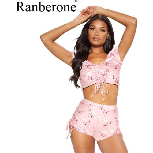 Ranberone Crop Top and Shorts Women 2 Pieces Yoga Set Drawstring Shorts Female Fitness Workout Sport Suit Workout Clothing 2021