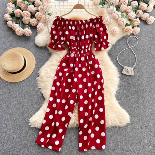 Summer Women Chiffon Polka Dot Jumpsuits Vintage Ruffled Off-Shoulder Romans Playsuits Wide Leg Pants 2021 Female Outfit