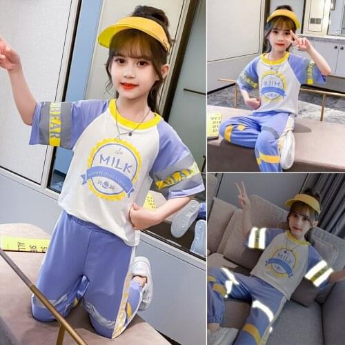 Girls Summer Children Clothes Outfits T-shirt + cropped trousers Casual Tracksuit For Kids Clothing Two-Piece Set 3- 13 Years