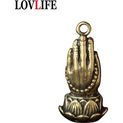 Pure Copper Hands Folded Buddha Hand Pendants Brass Keychains Hangings Jewelry Buddhist Lucky Metal Car Key Chain Keyring Charms