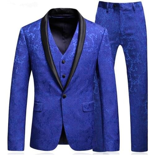 Fashion Royal Blue Printed Floral Men Suits Shawl Lapel Party Suits For Men Custom Made Wedding Tuxedos Suits Terno Masculino