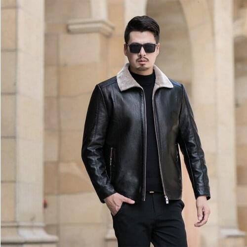 High quality Motorcycle jacket Warm Winter Sheepskin Mens Leather jacket Men Leisure Fur coat Men wool Real Leather coat