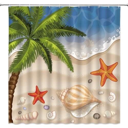 Cartoon Ocean Beach Scenery Shower Curtains Sea Wave Shell Starfish Conch Pattern Bathroom Decor Cloth Hanging Curtain Set Cheap