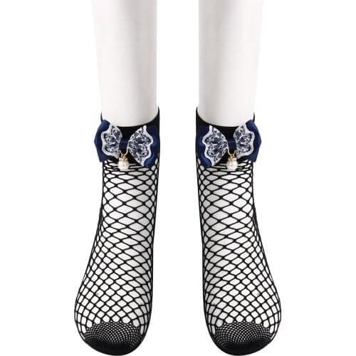 Japanese Style Socks Cute Bowknot Pearl Decor Short Ankle Sock Women Summer Stretchy Fishnet Socken Sexy Hollow Out Sheer Socks