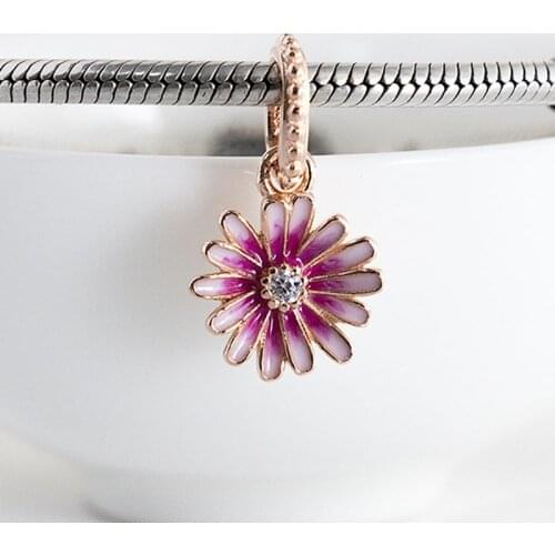 Authentic S925 Silver Dangle Charm Rose Pink Daisy Pendant Bead fit Lady Bracelet Bangle Girl Birthday Gift DIY Jewelry