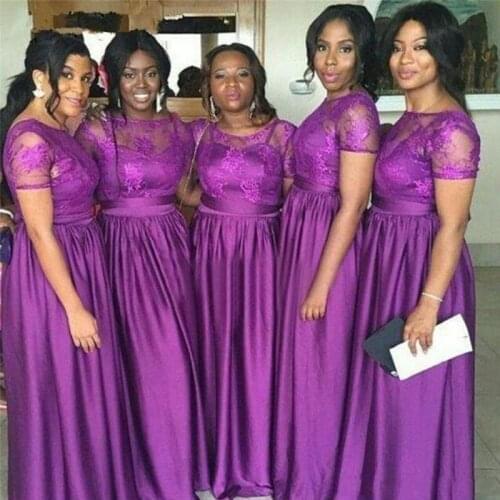 Custom Made Simple Purple Short Sleeves Long Wedding Guest Dress Bridesmaid Dresses