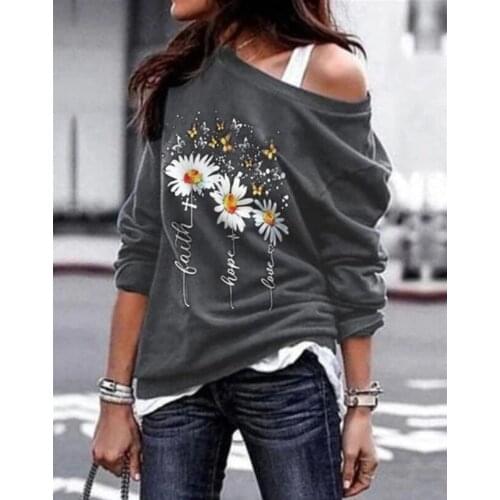 Ladies Daisy Print Round Neck Long Sleeve T-shirt Long Sleeve Sweater Pullover